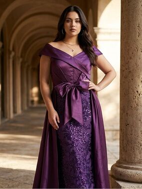 Elegant Purple Satin Evening Gown with Bow and Sequin Skirt